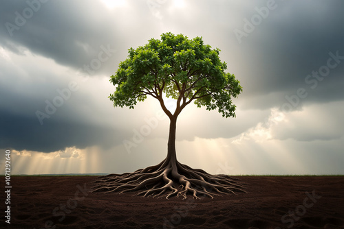 Solitary tree with lush green leaves stands in an open field, roots spreading wide. Sunlight breaks through storm clouds, casting rays on the scene. Nature's vitality and renewal are evident.