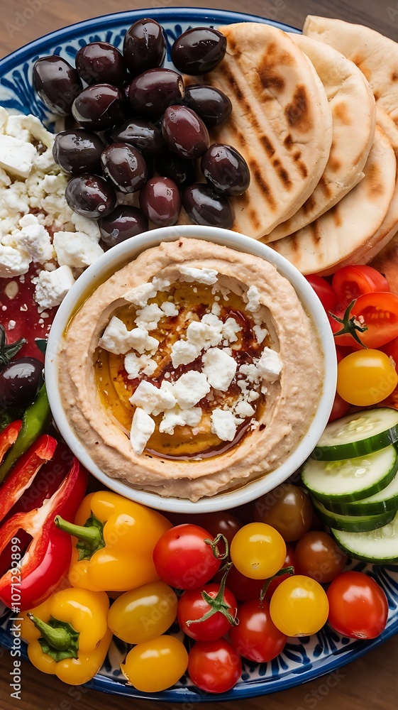 A vibrant Greek mezze platter showcasing olives, feta, hummus, pita bread, and colorful vegetables served on a blue ceramic plate A vibrant Greek mezze platter showcasing olives, feta, hummus, pita bread, and colorful vegetables served on a blue ceramic plate