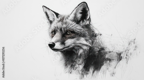 A close-up portrait of a fox's head, drawn in black and white with a textured background.