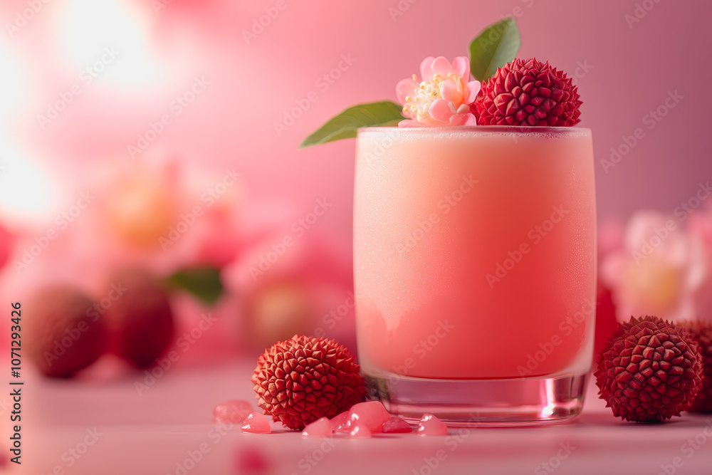 A refreshing lychee juice garnished with flowers and fruit, set against a soft gradient background. Perfect for summer vibes and aesthetic drink ideas. A refreshing lychee juice garnished with flowers and fruit, set against a soft gradient background. Perfect for summer vibes and aesthetic drink ideas.