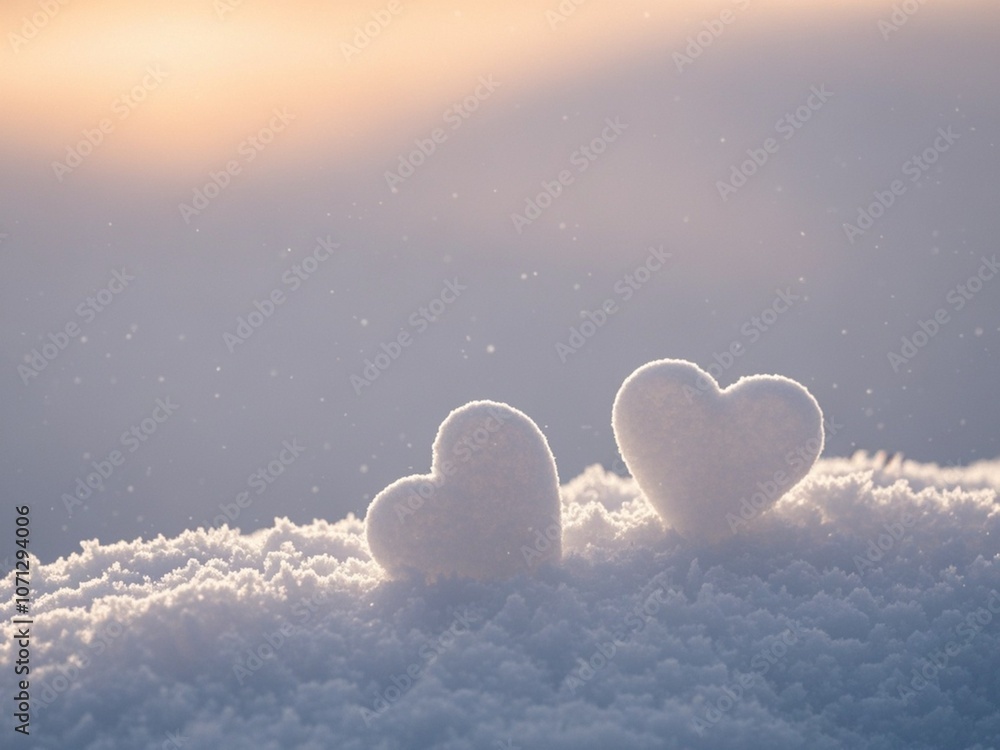 Two hearts made of snow against the evening sky, romantic winter background