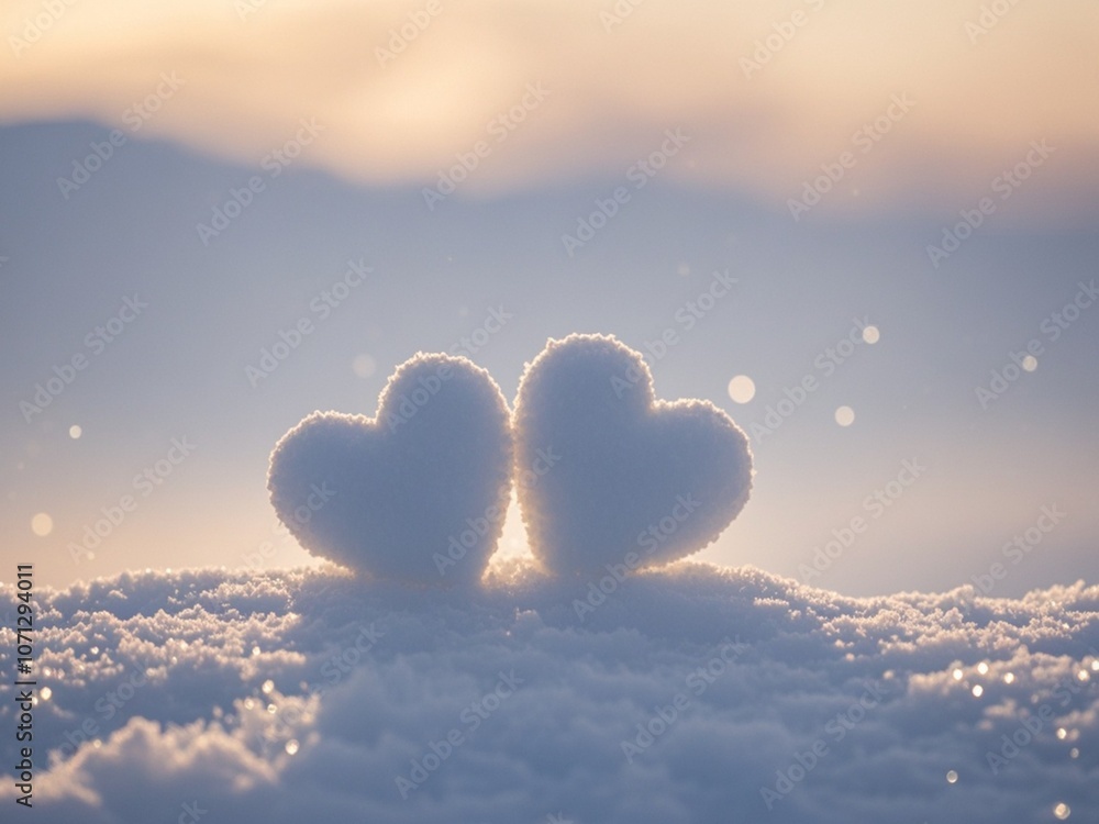 Two hearts made of snow against the evening sky, romantic winter background