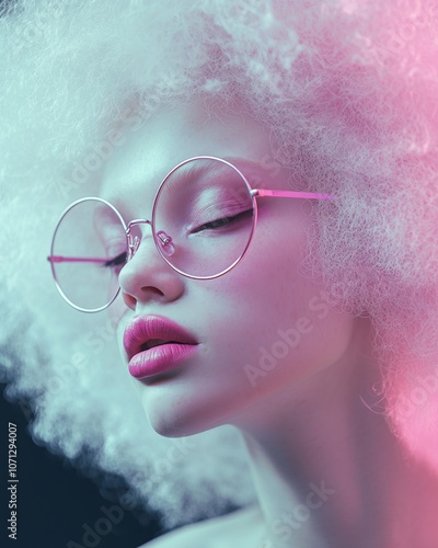 A beautiful albino woman model with big afro hair, wearing pink eyeglasses and lipstick photo