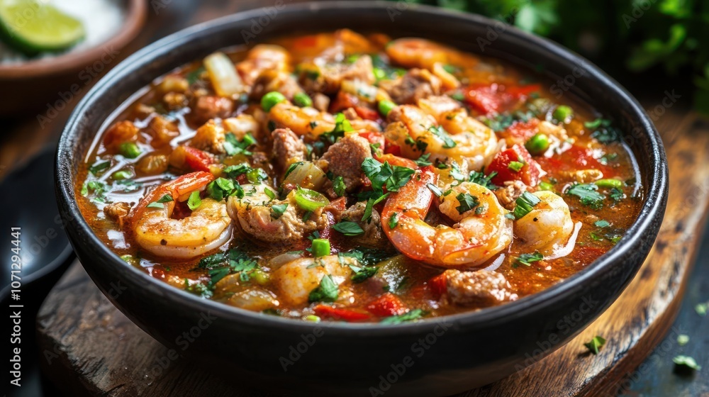 A delicious bowl of shrimp curry served in a wooden dish. A delicious bowl of shrimp curry served in a wooden dish.