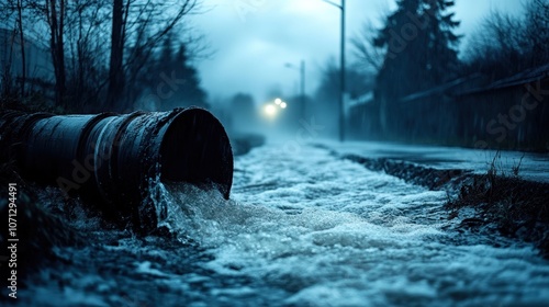 A large pipe spews water into a flooded street in a foggy, urban environment.