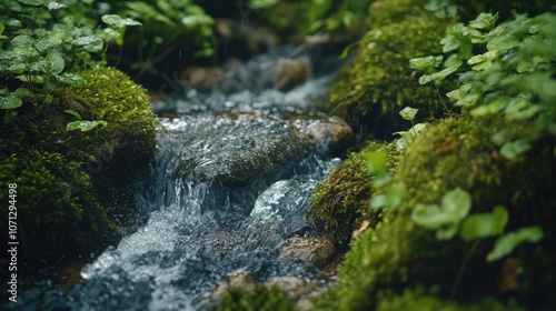 Close-up of a Flowing Stream in a Lush Forest