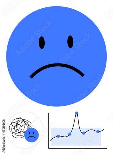 Blue sad face messy scribble and fluctuating chart highlight emotional struggles. Ideal for mental health, stress, mood tracking, therapy, emotional awareness, personal growth, introspection. Line