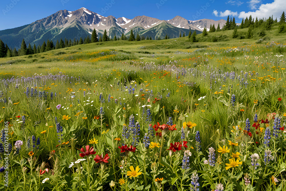 Fototapeta premium Wildflowers in the high alpine meadow with mountains in the background. Created with Generative AI
