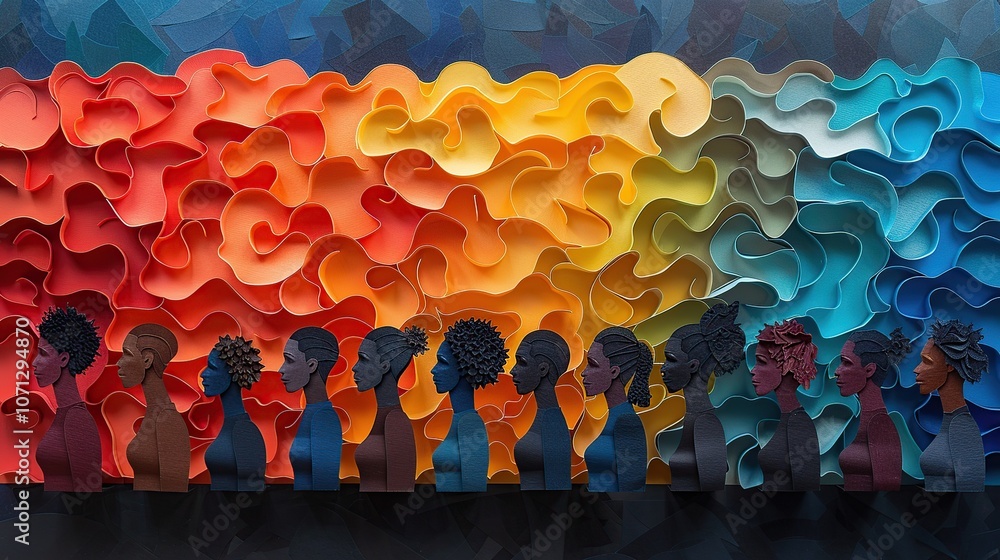 Fototapeta premium A row of diverse female figures in profile, standing in front of a colorful, abstract background.