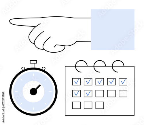 Pointing hand above a clock and a calendar with checkmarks. Ideal for productivity, scheduling, deadlines, planning, organization, time management, and efficiency. Line metaphor