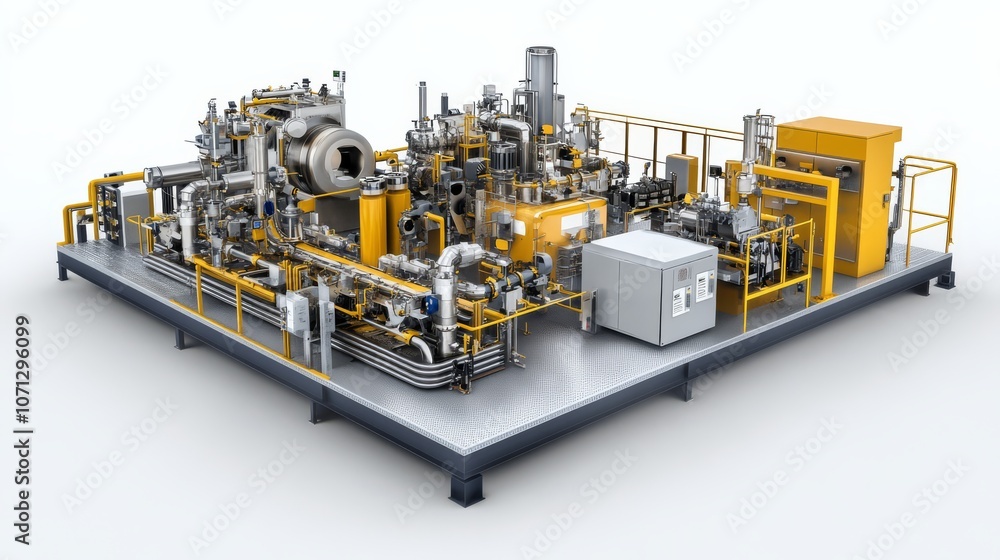 Advanced Industrial Manufacturing Unit: Detailed 3D rendering of a complex, yellow and gray industrial machinery system, showcasing intricate piping, valves, and components on a steel platform. Advanced Industrial Manufacturing Unit: Detailed 3D rendering of a complex, yellow and gray industrial machinery system, showcasing intricate piping, valves, and components on a steel platform.
