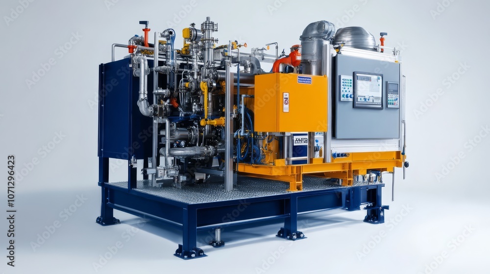 Industrial Automation: A complex and intricate industrial system, showcasing advanced technology and precision engineering. It features a sophisticated control panel, piping, valves, and sensors. Industrial Automation: A complex and intricate industrial system, showcasing advanced technology and precision engineering. It features a sophisticated control panel, piping, valves, and sensors.