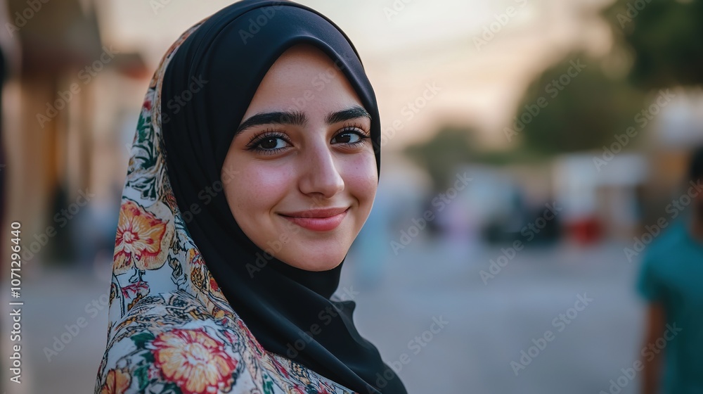 Smiling Young Woman in Traditional Hijab Looking at the Camera, Standing Against a Blurred Background, Radiating Confidence and Culture Smiling Young Woman in Traditional Hijab Looking at the Camera, Standing Against a Blurred Background, Radiating Confidence and Culture