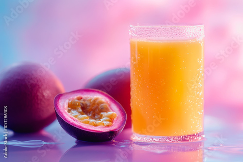 A vibrant glass of refreshing passion fruit juice, accompanied by whole fruits, set against a smooth, colorful gradient background, ideal for food and drink themes.