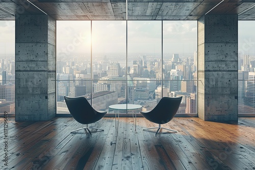 Modern office space with large windows overlooking a cityscape, wooden floor, concrete walls, and two chairs facing a table