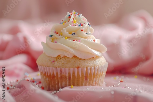 Pink Cupcake with White Frosting and Sprinkles on a Pink Tablecloth. Perfect for Birthday Parties, Baby Showers, and Tea Parties