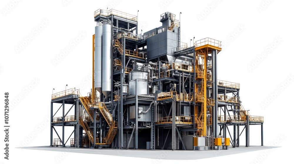 Industrial Complex: A detailed illustration of a large-scale industrial plant, showcasing intricate machinery, towering structures, and complex infrastructure.  The image evokes a sense of scale.