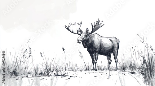 A hand-drawn illustration of a moose standing in a grassy field, with a soft background. photo