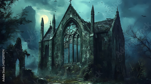 Fényképezés Abandoned night castle with a large gothic window or crypt
