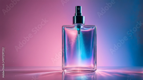 A holographic liquid mist gently rising from a container shimmering with shifting blues and pinks, AI Generated