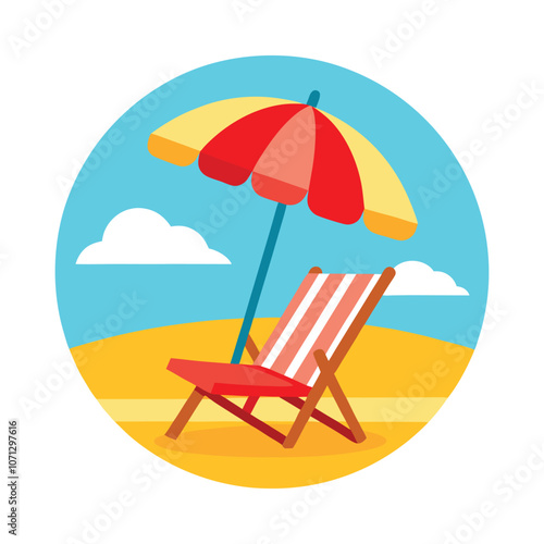 Beach Scene Vector Illustration with Umbrella and Chairs - Tropical Summer Vacation Art for Relaxation and Coastal Design