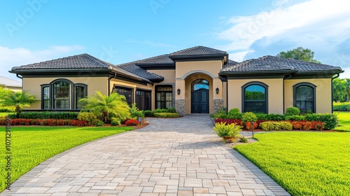 A modern luxury home with a paved driveway, lush green lawn, and landscaping.