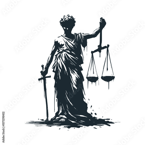 Statue of the goddess of justice weighing. Black white vector illustration.