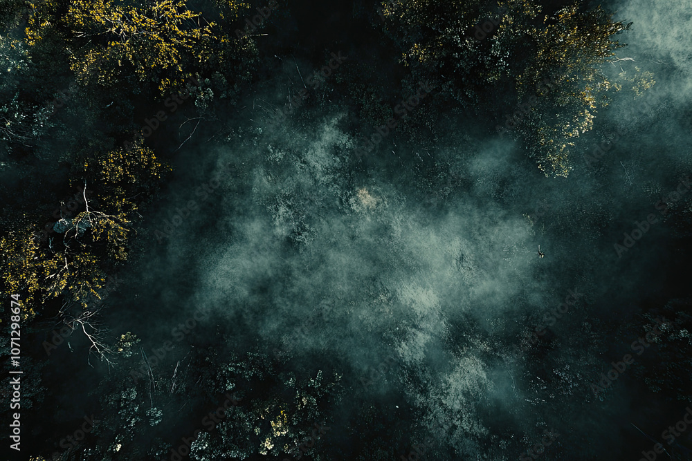Obraz premium Aerial drone forest survey photograph, top down bird's eye view, woodland trees background, surveying landscape trees