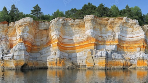 A panoramic view of a dramatic cliff face with layered rock formations in vibrant hues of yellow, orange, and white against a blue sky and calm water.