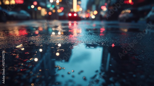 City Lights Reflecting in Puddle