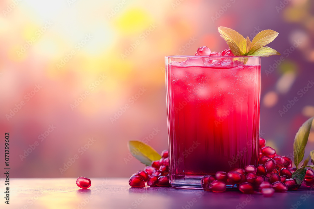 This captivating image features a glass of refreshing pomegranate juice, beautifully garnished and set against a smooth gradient background. Perfect for summer vibes! This captivating image features a glass of refreshing pomegranate juice, beautifully garnished and set against a smooth gradient background. Perfect for summer vibes!