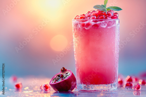 Wallpaper Mural A vibrant glass of refreshing pomegranate juice garnished with mint, set against a smooth gradient background, perfect for summer-themed visuals. Torontodigital.ca