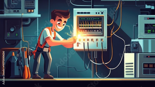 Cartoon Electrician Working with Wiring and Equipment