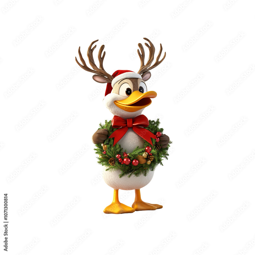 Naklejka premium Christmas Duck with Reindeer Antlers Holding Wreath