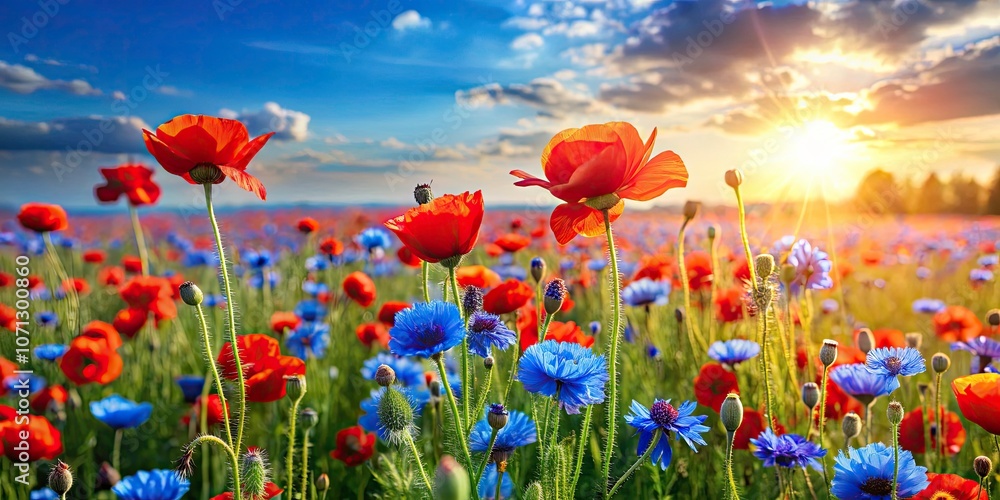 Fototapeta premium Vivid Field of Bright Red Poppies and Blue Cornflowers in Full Bloom - Nature's Colorful Floral Display Captured in High Depth of Field for Stunning Visuals