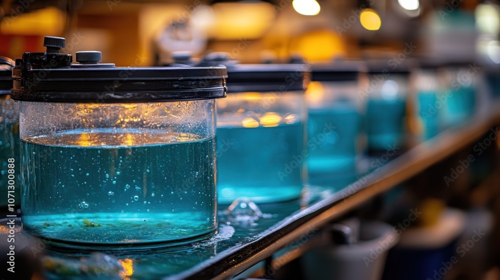 A row of glass jars filled with a turquoise liquid, with some bubbles visible.