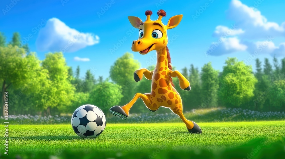 Naklejka premium Cartoon Giraffe in Soccer Uniform Kicking a Ball