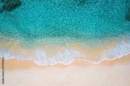 Drone photograph of tropical sea sand beach, Aerial shot shoreline coastline photographs, turquoise water white sands, bird's eye view survey