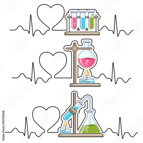 Love of chemistry. Set of chemical instruments against the background of heart and pulse. Isolated on white background. Vector illustration.