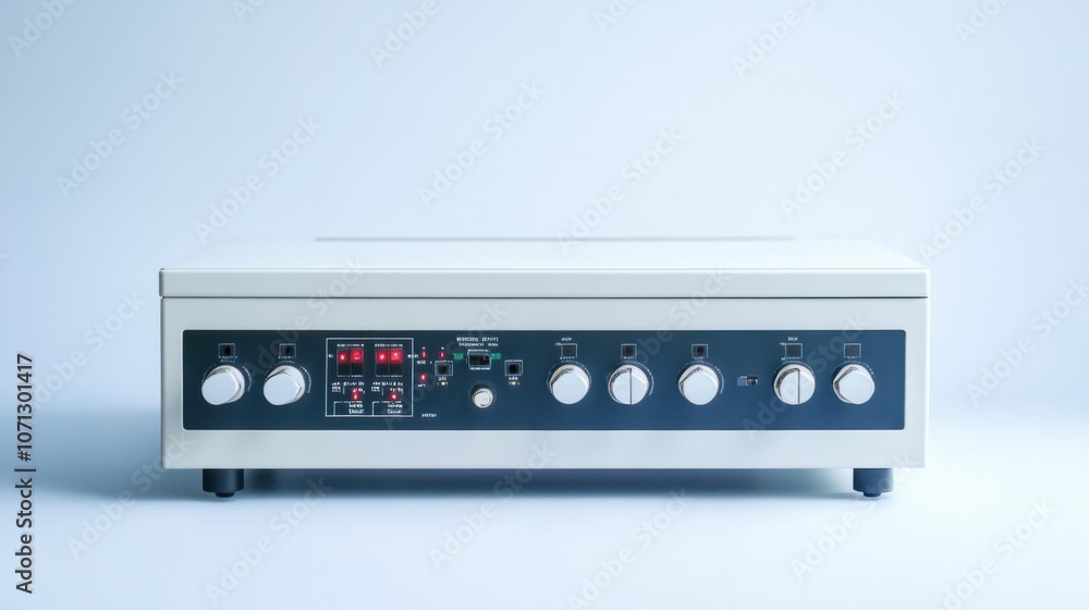 Fototapeta premium Digital power supply unit with adjustable knobs, isolated on a plain white background for lab settings