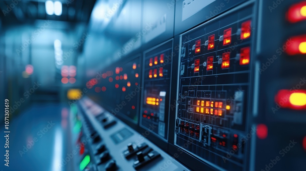 Fototapeta premium An illuminated control panel with vibrant buttons and indicators, set in a high-tech environment, showcasing intricate details of a modern system.