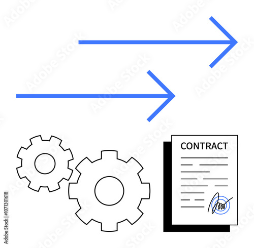 Two blue arrows, two cogs, and a signed contract symbolizing industrial processes, direction, and legal agreements. Ideal for business operations, contracts, workflow, industry transformation