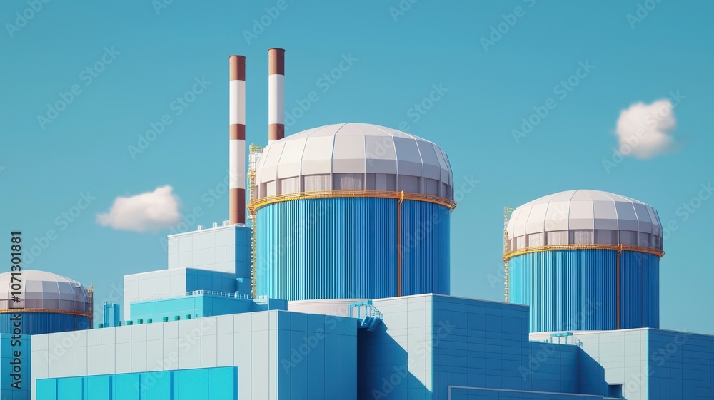 Fototapeta premium A vibrant depiction of an industrial facility featuring large cooling towers and smokestacks against a clear blue sky.
