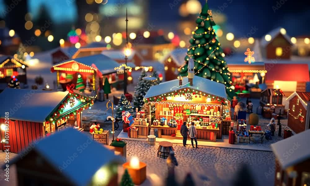 A miniature Christmas market with lights and snow A miniature Christmas market with lights and snow
