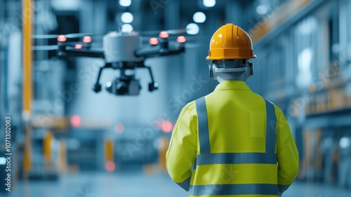 A construction worker in safety gear watches a drone fly in a modern industrial warehouse setting.