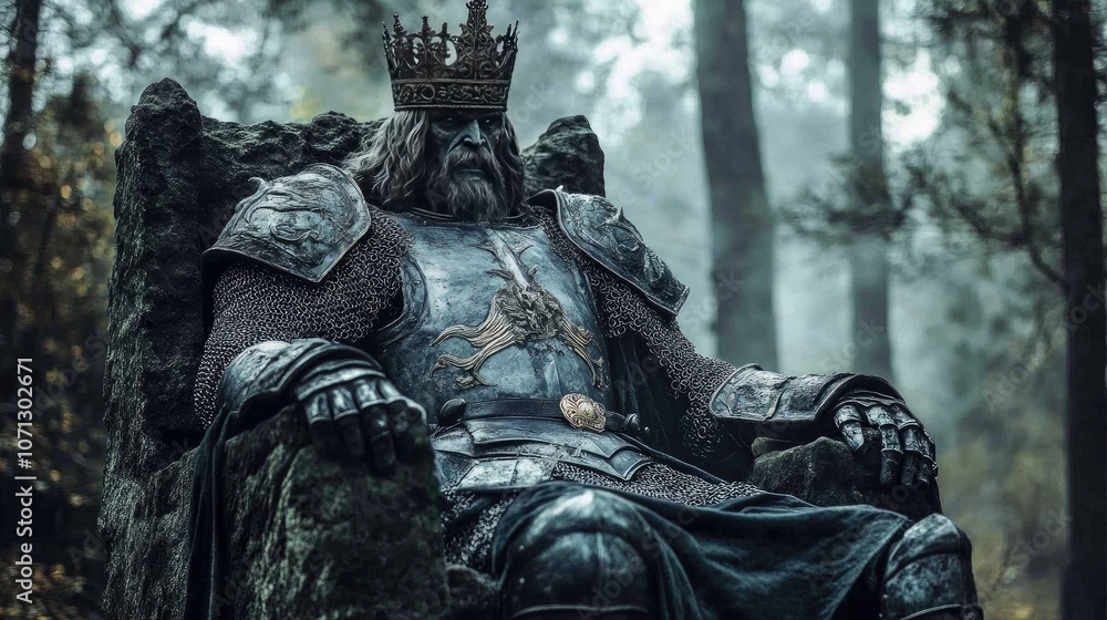 Majestic Armored Ruler on Throne in Enchanted Forest Majestic Armored Ruler on Throne in Enchanted Forest