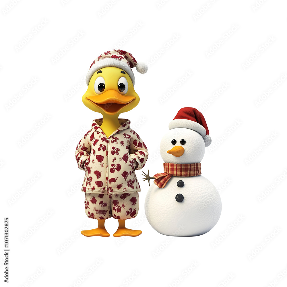 Cute Cartoon Duck in Pajamas Standing with a Snowman Cute Cartoon Duck in Pajamas Standing with a Snowman