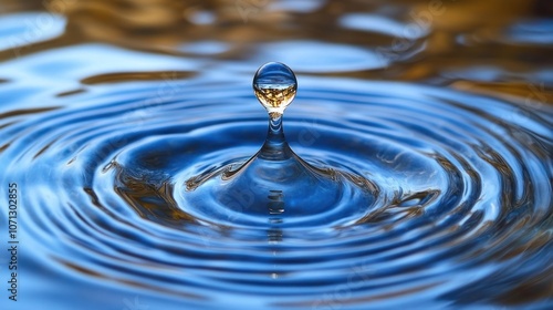 A single water drop creates ripples in a still body of water.