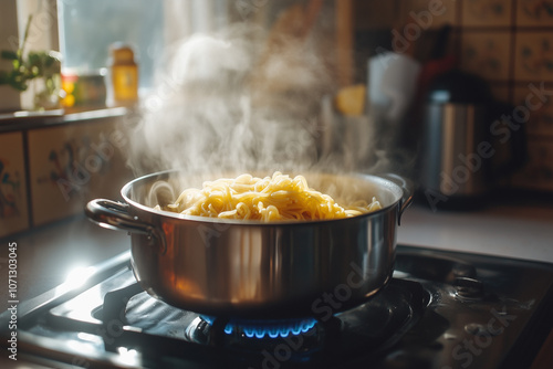 Steaming pot of freshly boiled spaghetti pasta on kitchen stove with steam rising photo