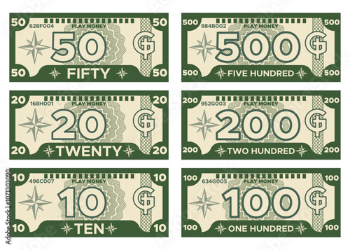 A set of play money. Isolated on white background. Vector illustration.